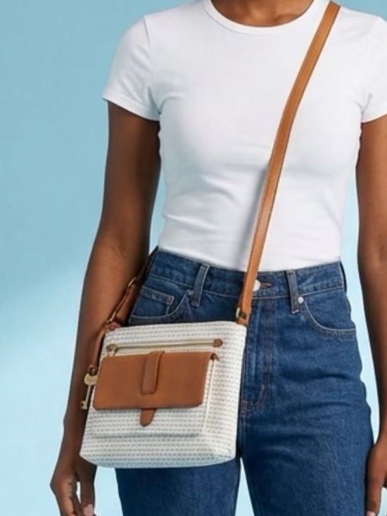 Fossil Handbags - Fossil Cream & tan leather textured Crossbody with Tan Leather Trim & canvas